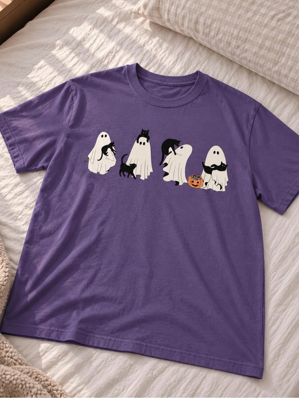 Ghost And Cat Halloween T-Shirt, Spooky Season Grape Graphic Tee